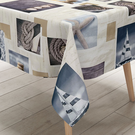 abwaschbare Wachstuch Tischdecke eckig rund oval maritim ostsee seestern Boot Nordsee blau-weiß