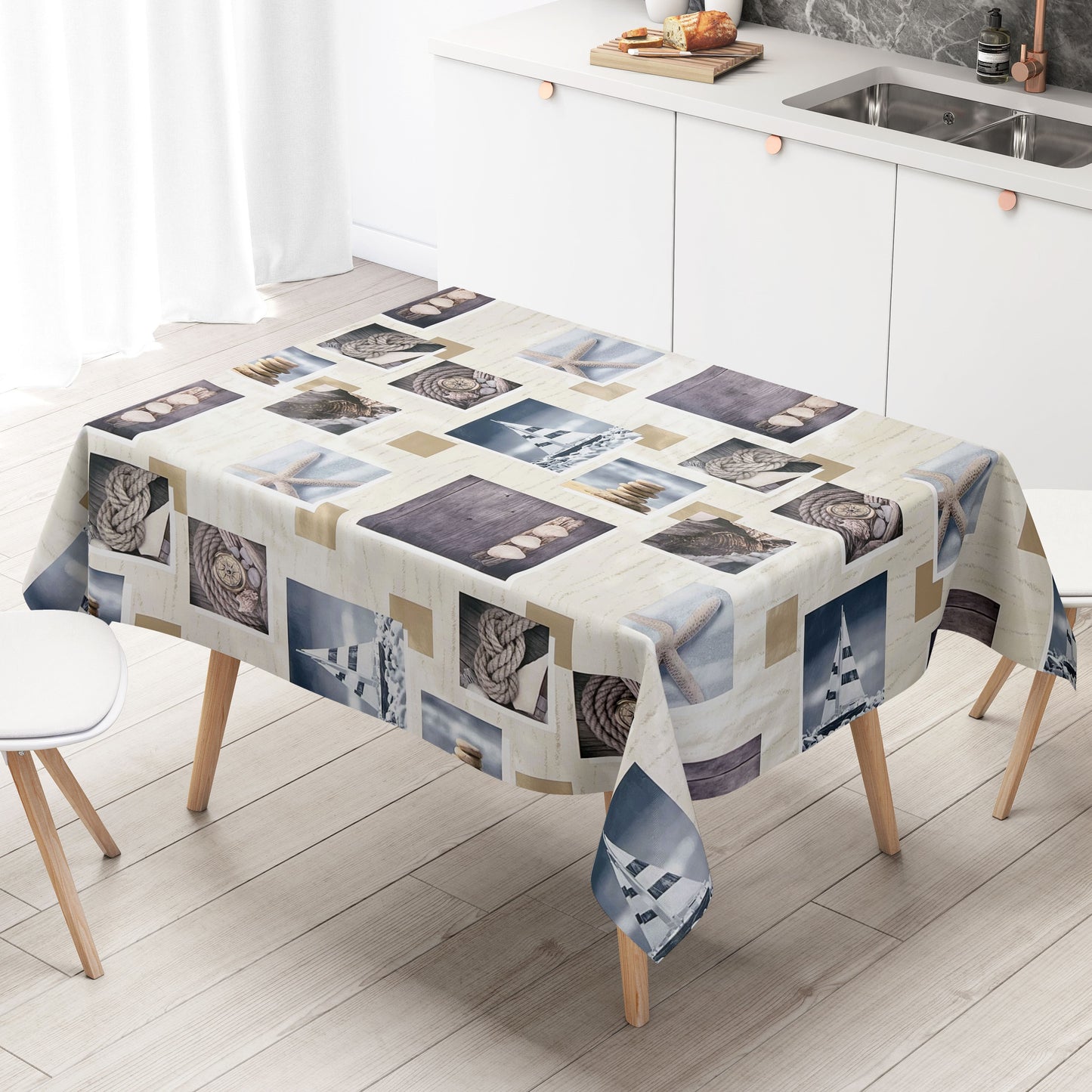 abwaschbare Wachstuch Tischdecke eckig rund oval maritim ostsee seestern kaufen Boot Nordsee blau-weiß
