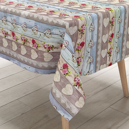 Oilcloth tablecloth B9066-01 wooden hearts alpine hut square round oval
