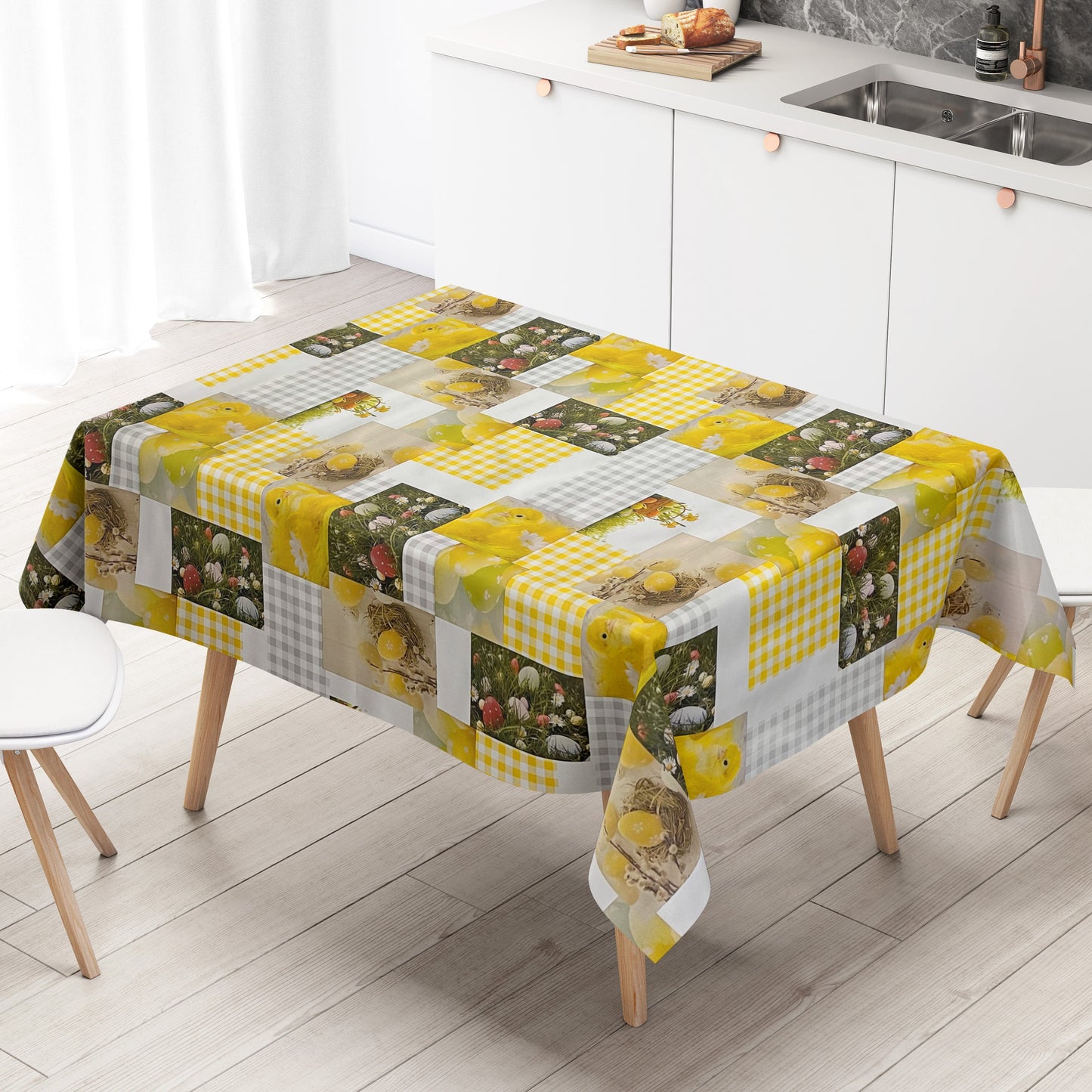 Wachstuch Tischdecke Ostern Kücken geln grau kariert
