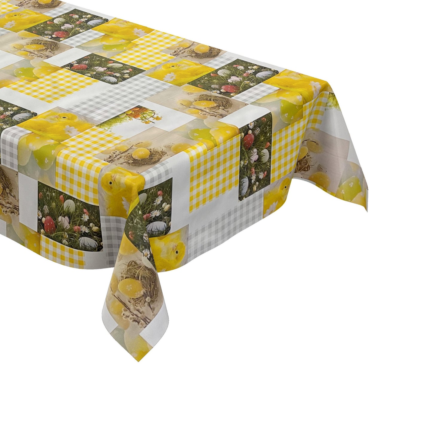 Wachstuch Tischdecke Ostern Kücken geln grau kariert