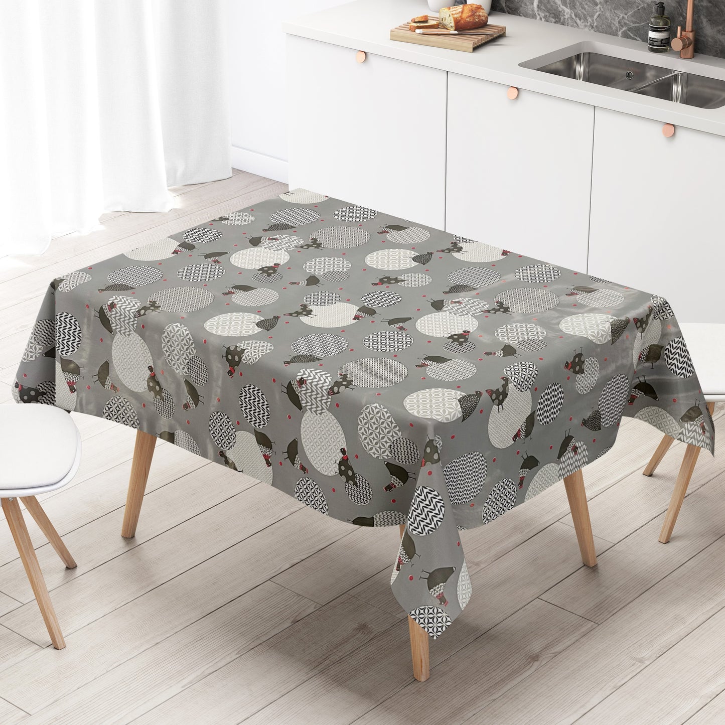 Wachstuch Tischdecke Hühner Henne grau