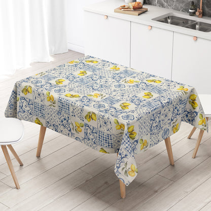 Wachstuch Tischdecke Fliesen blau Bürgel Zitrone