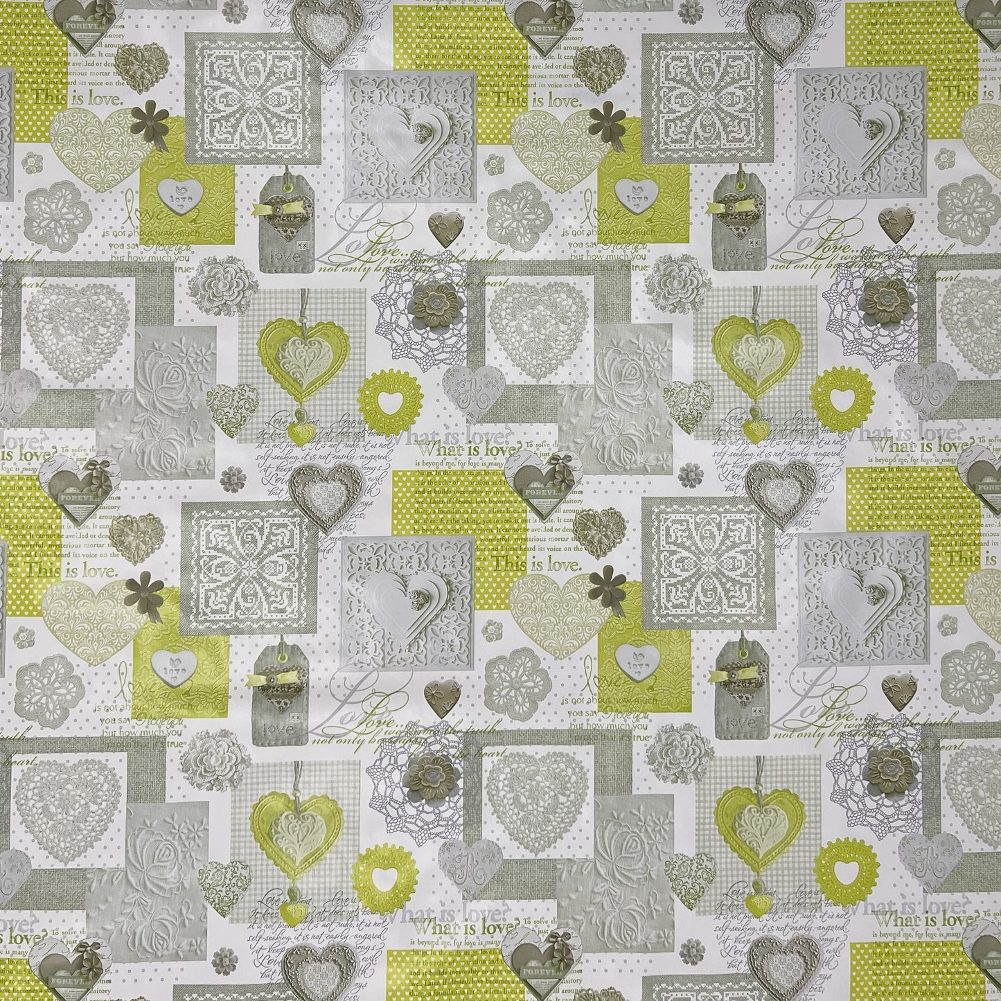 Nappe en toile cirée C146063 LOVE coeurs gris vert angulaire ronde ovale