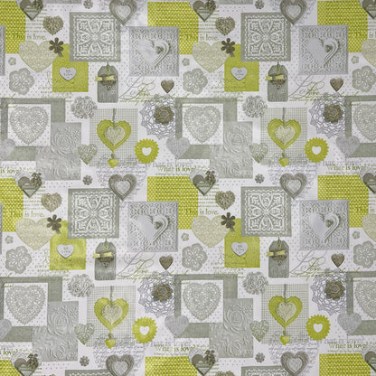 Nappe en toile cirée C146063 LOVE coeurs gris vert angulaire ronde ovale