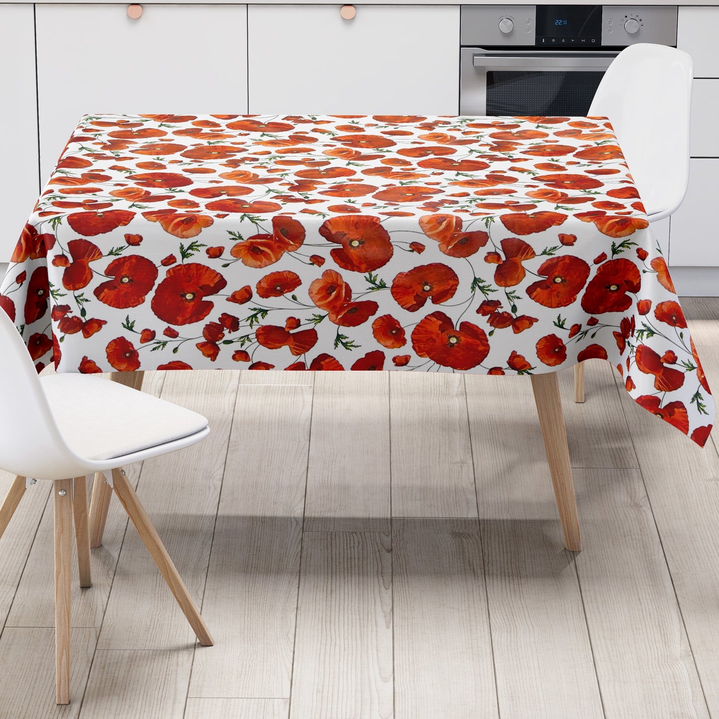 Nappe en toile cirée C147040 fleurs de pavot sur ovale rond blanc angulaire