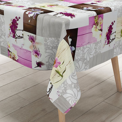 Oilcloth tablecloth CB60 pink orchids on wood square round oval
