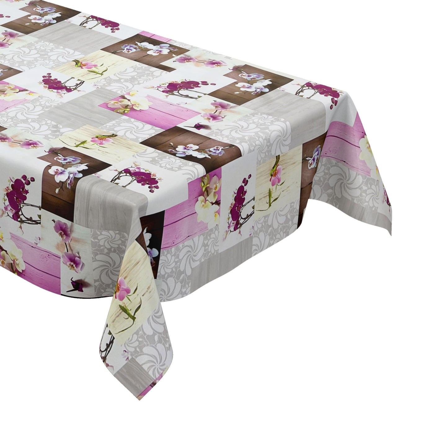Oilcloth tablecloth CB60 pink orchids on wood square round oval