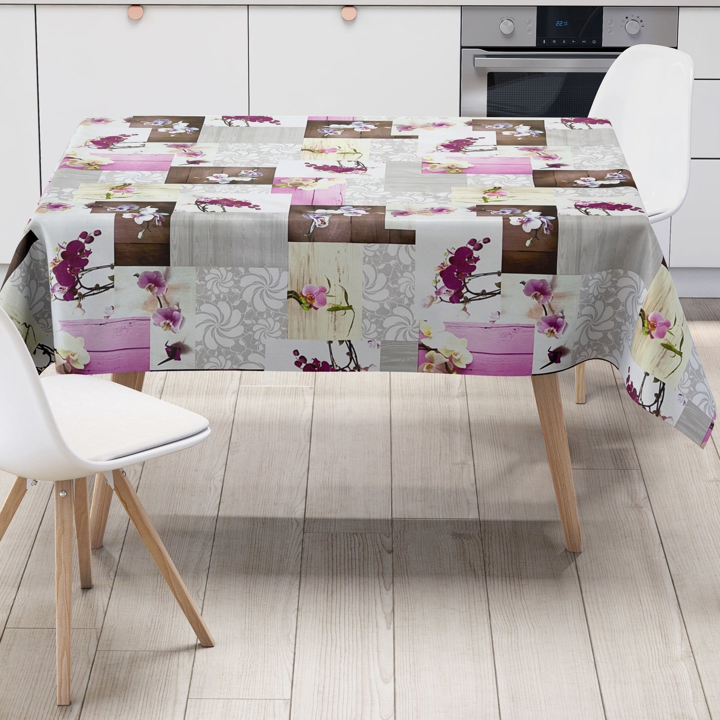 Oilcloth tablecloth CB60 pink orchids on wood square round oval