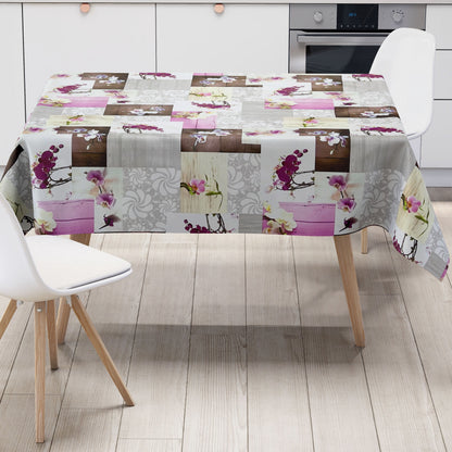 Oilcloth tablecloth CB60 pink orchids on wood square round oval