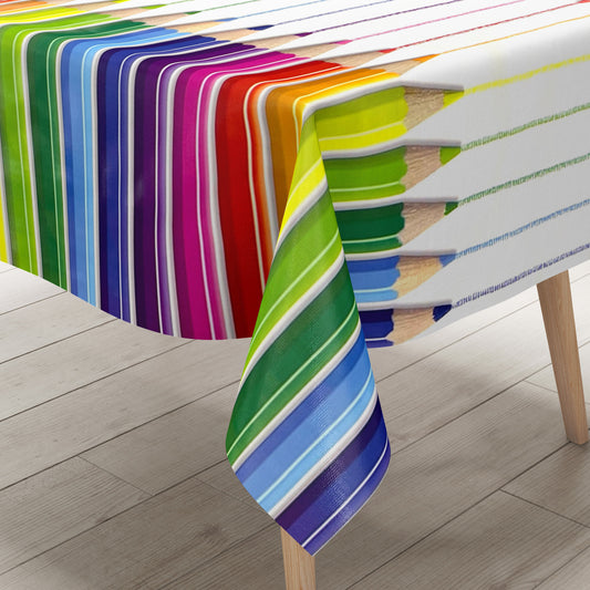 Nappe toile cirée D220 crayons de couleur motif écoliers carrée ronde ovale