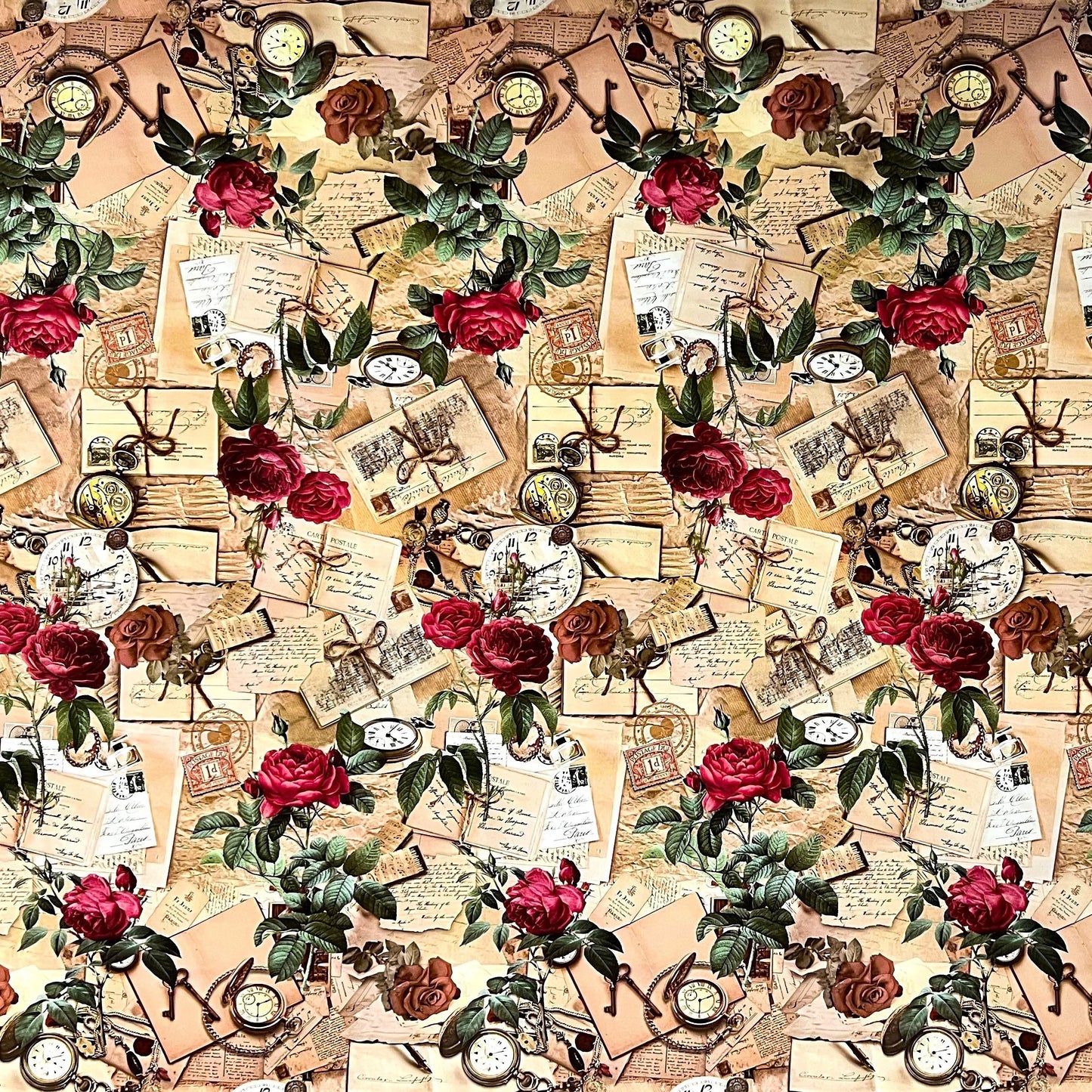 Wachstuch Tischdecke Postkarte Uhr Rosen