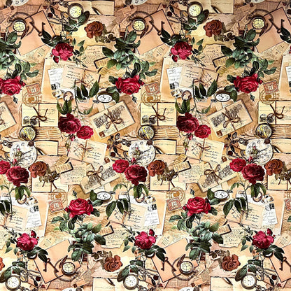 Wachstuch Tischdecke Postkarte Uhr Rosen