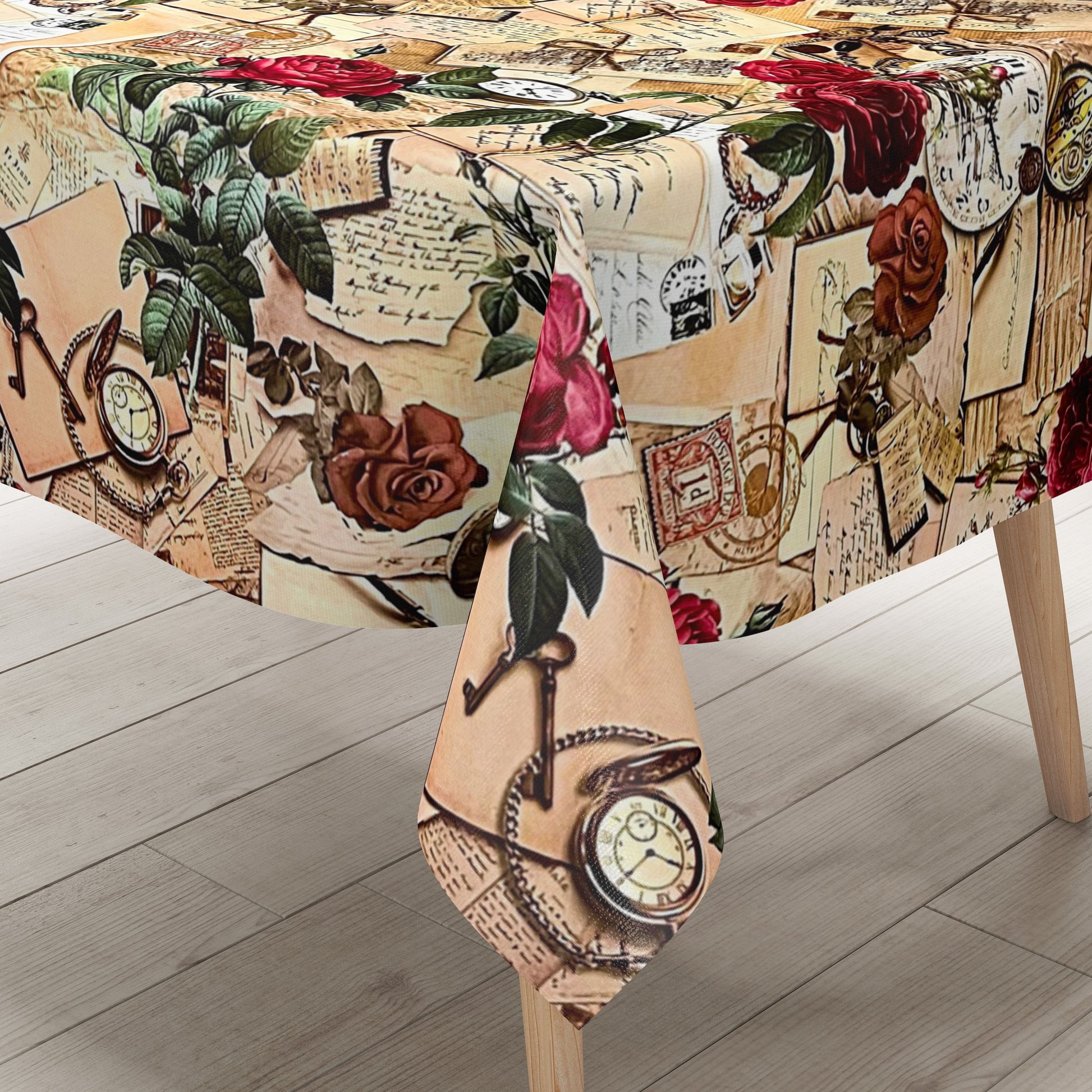 Wachstuch Tischdecke Postkarte Uhr Rosen