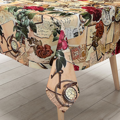 Wachstuch Tischdecke Postkarte Uhr Rosen