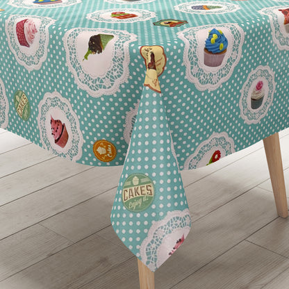 Nappe en toile cirée K150017 CupCakes pois turquoise carré rond ovale