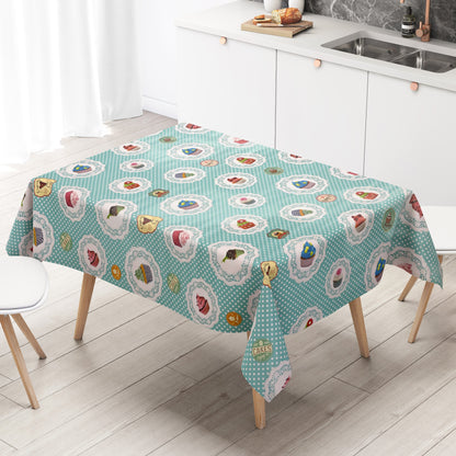 Nappe en toile cirée K150017 CupCakes pois turquoise carré rond ovale