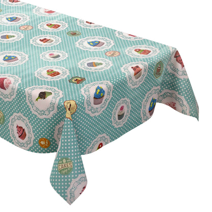 Nappe en toile cirée K150017 CupCakes pois turquoise carré rond ovale
