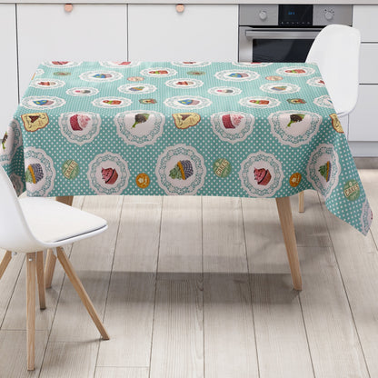 Nappe en toile cirée K150017 CupCakes pois turquoise carré rond ovale