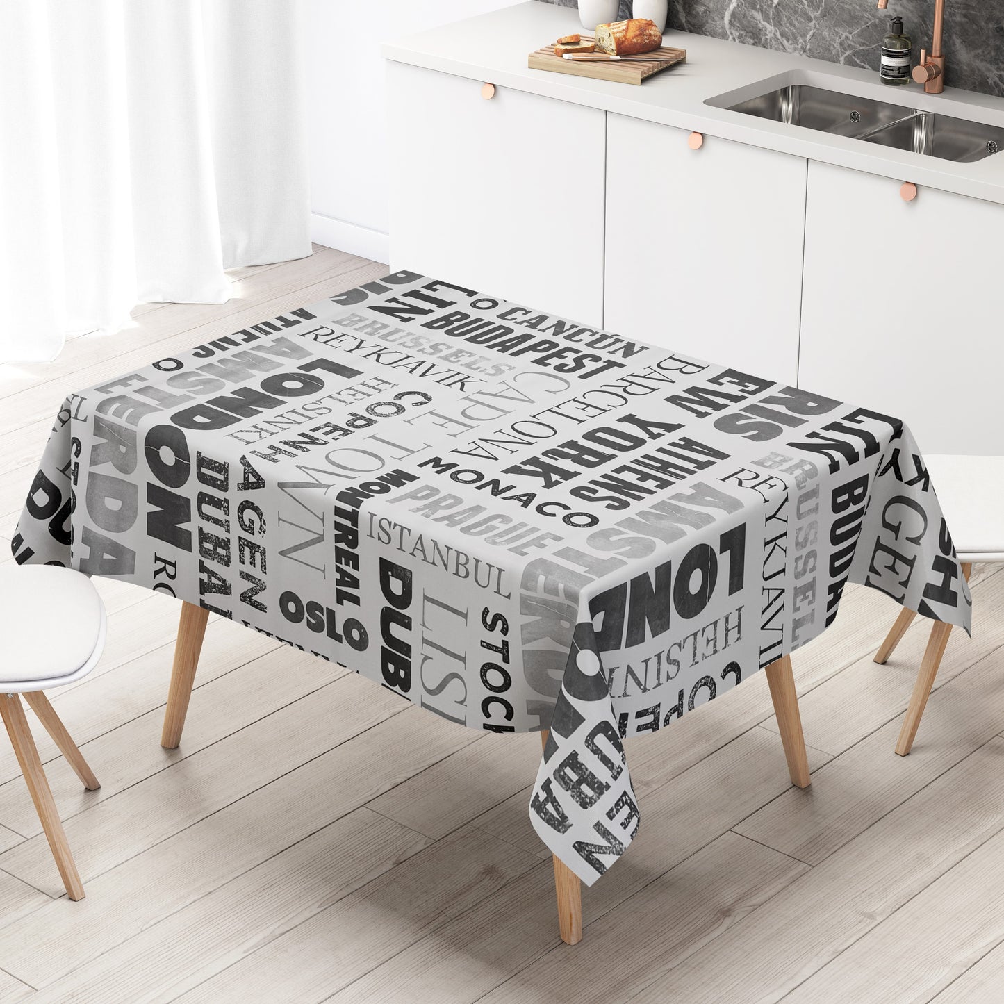Oilcloth tablecloth K150059 cities Berlin London black white square round oval