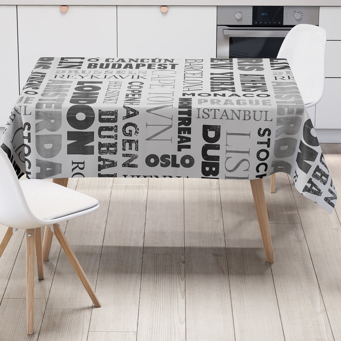 Oilcloth tablecloth K150059 cities Berlin London black white square round oval