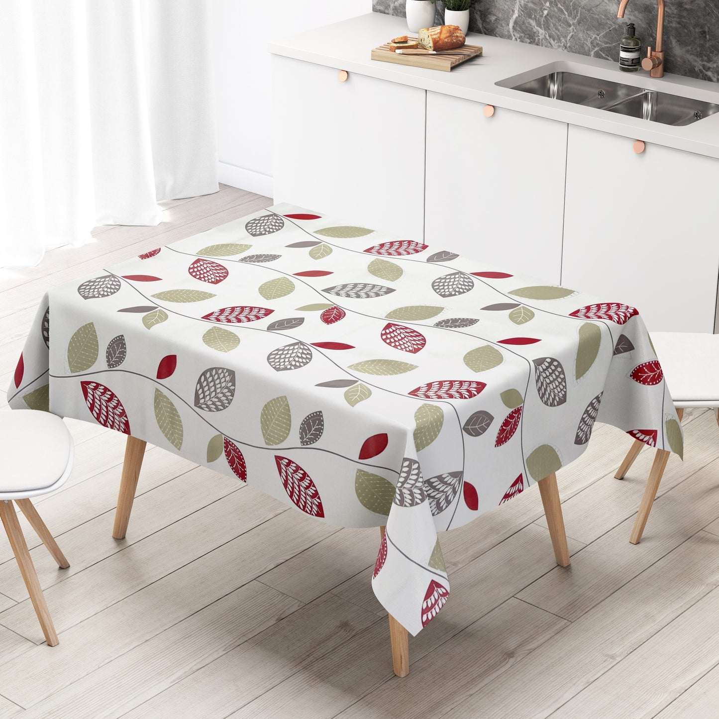Nappe en toile cirée K150088 feuilles sur fond blanc carré rond ovale