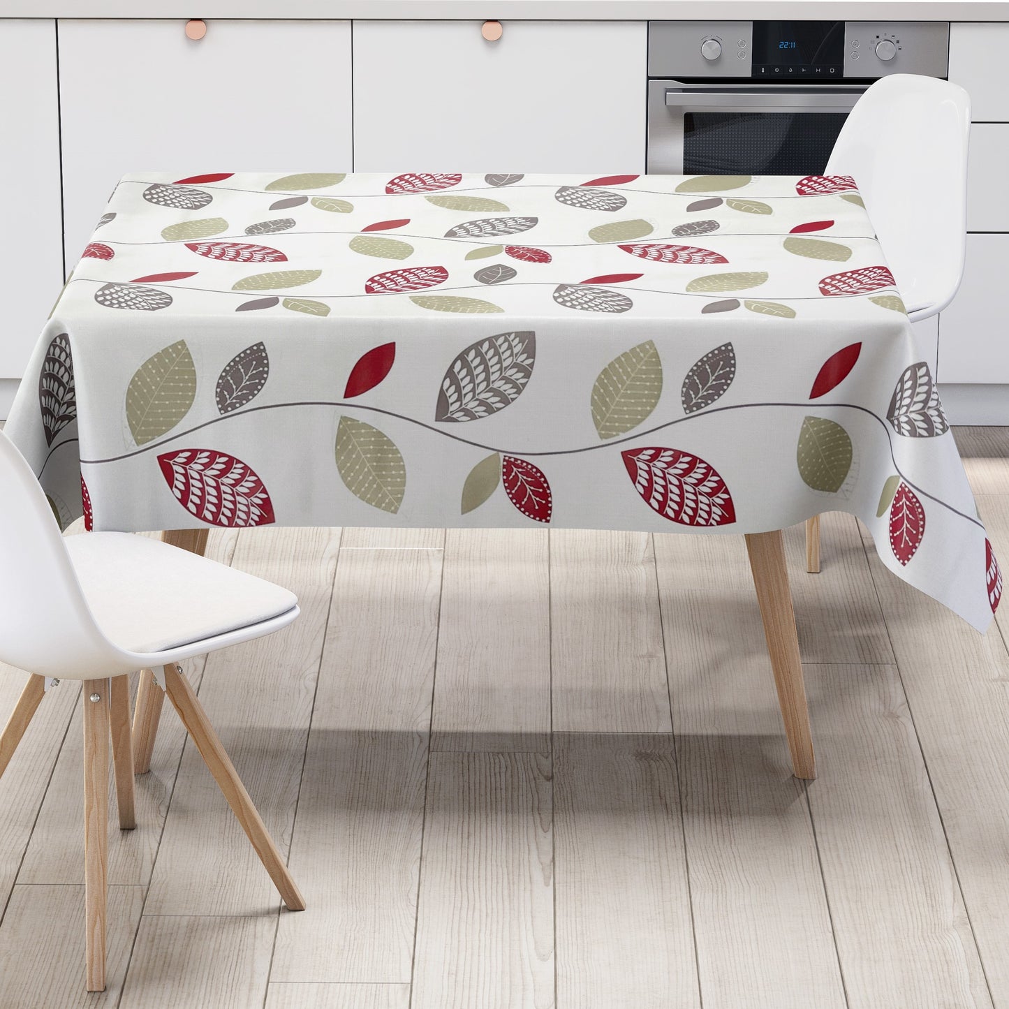 Nappe en toile cirée K150088 feuilles sur fond blanc carré rond ovale