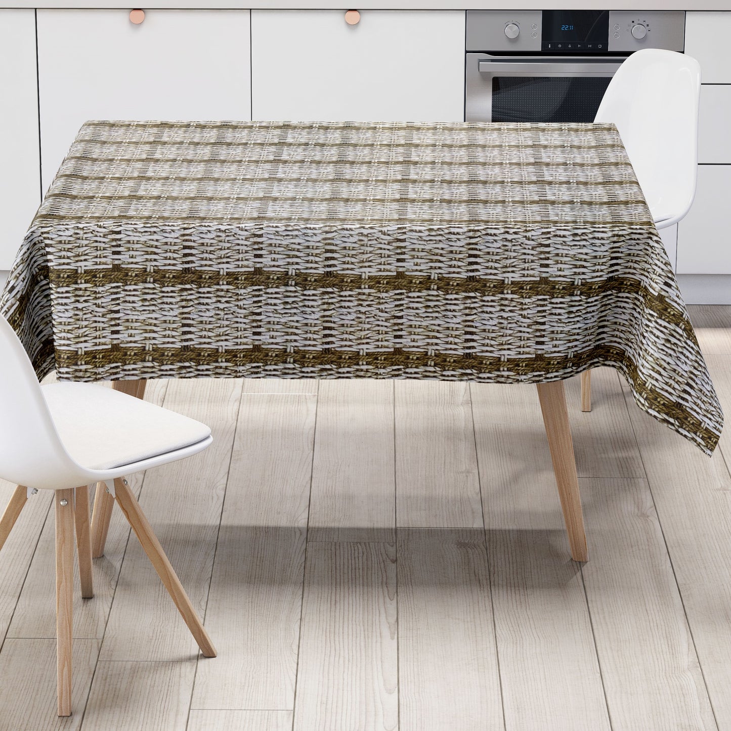Nappe en toile cirée K150181 aspect rotin tressé marron beige carrée ronde ovale