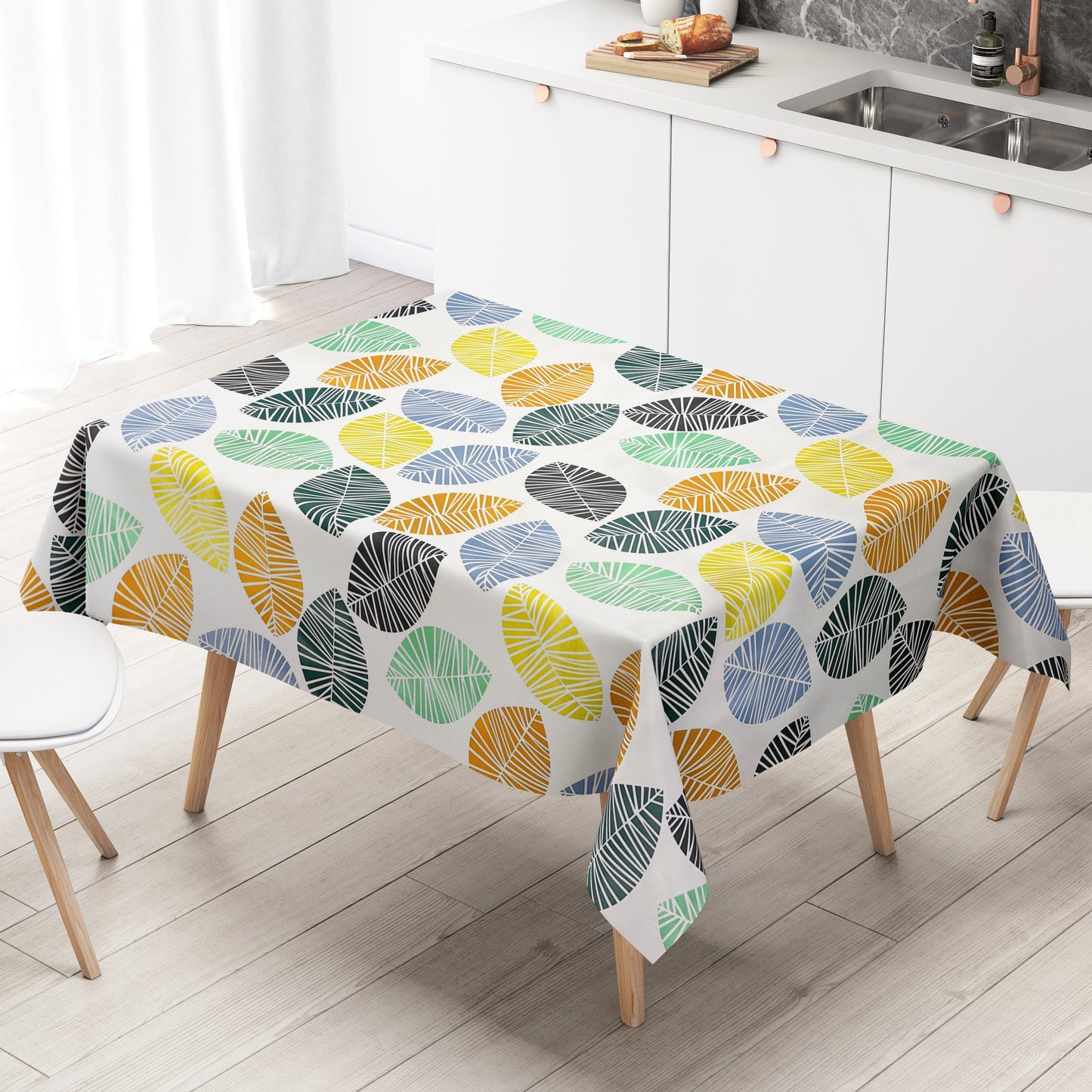 Wachstuch Tischdecke K150200 Laub bunte Blätter auf weiß eckig rund oval