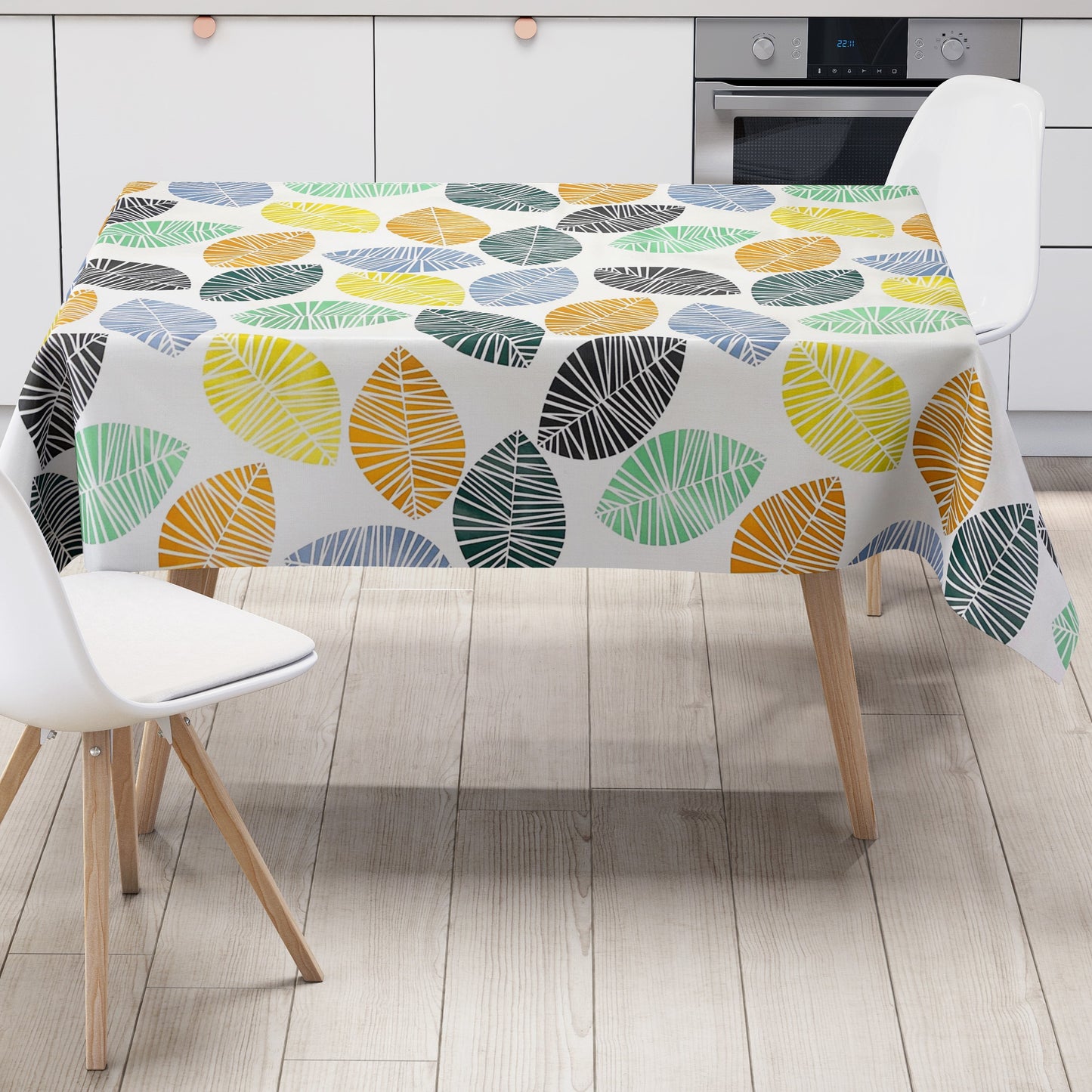 Wachstuch Tischdecke K150200 Laub bunte Blätter auf weiß eckig rund oval