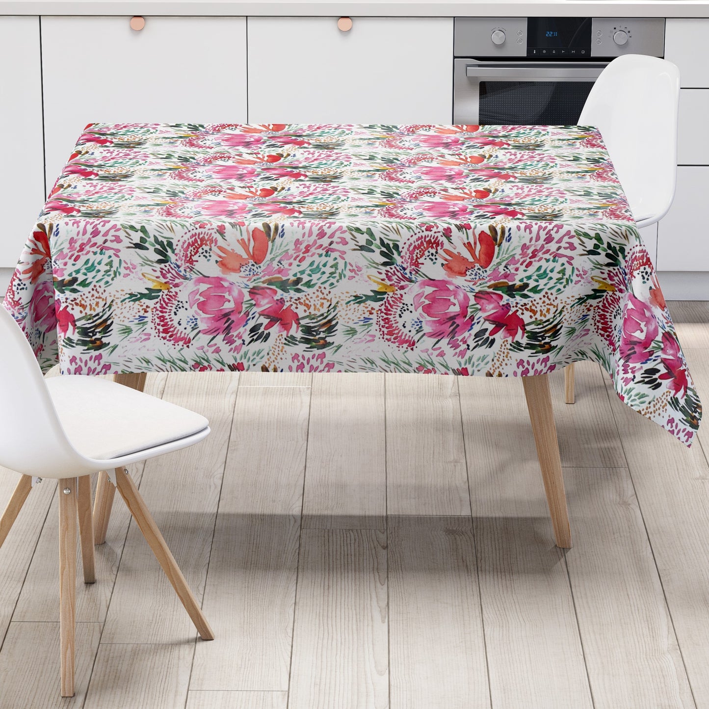 Wachstuch Tischdecke K150202 Blumenwiese rosa Blüten auf weiß eckig rund oval