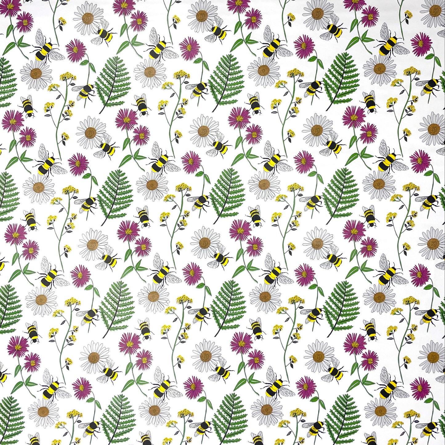 Oilcloth tablecloth K150205 colorful flowers and bees on white square round oval