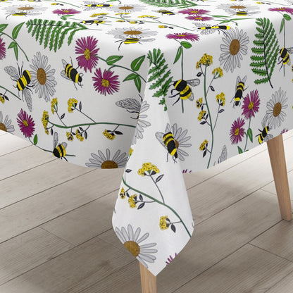Oilcloth tablecloth K150205 colorful flowers and bees on white square round oval