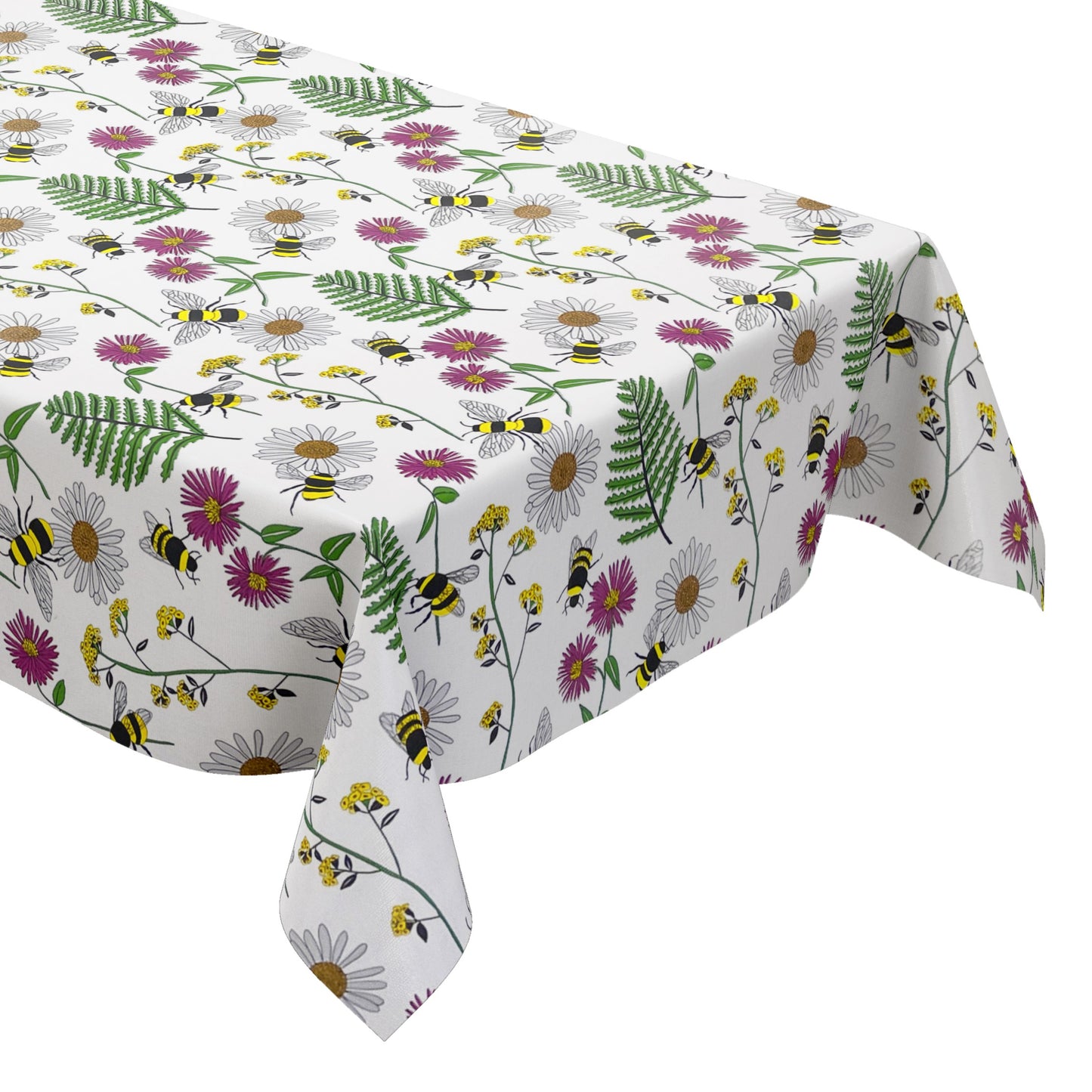 Oilcloth tablecloth K150205 colorful flowers and bees on white square round oval