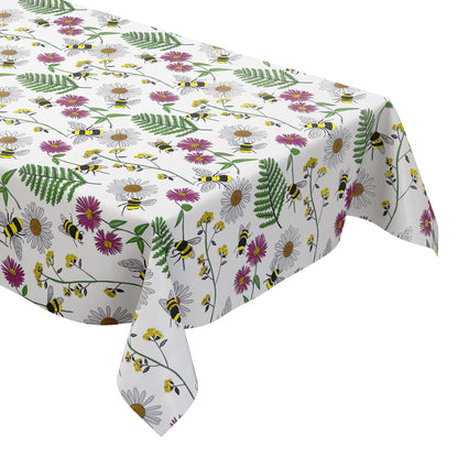Oilcloth tablecloth K150205 colorful flowers and bees on white square round oval