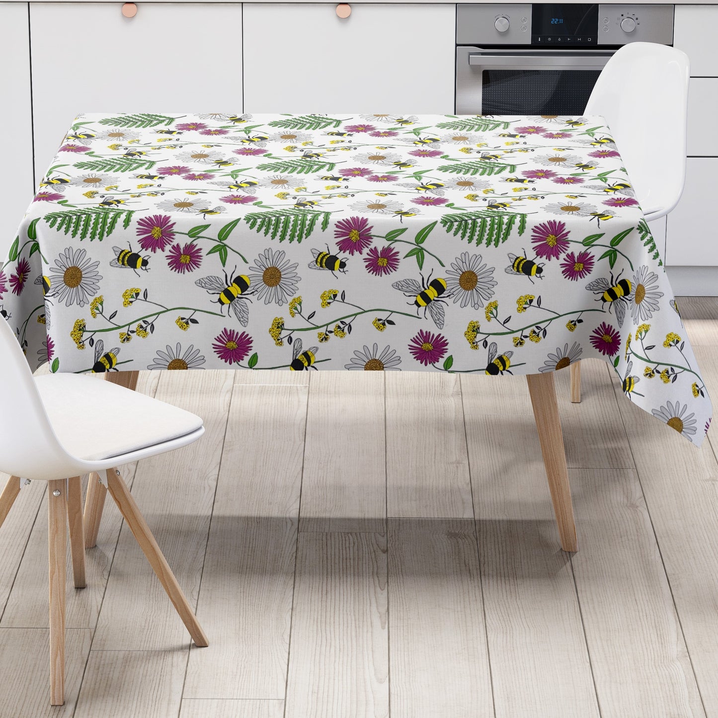 Oilcloth tablecloth K150205 colorful flowers and bees on white square round oval