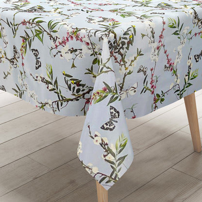 Nappe en toile cirée K150206 fleurs colorées et papillons sur fond bleu clair carré rond ovale