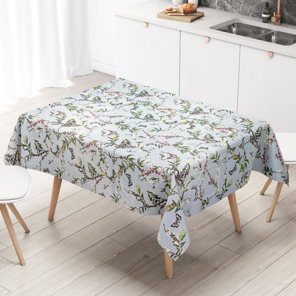 Nappe en toile cirée K150206 fleurs colorées et papillons sur fond bleu clair carré rond ovale