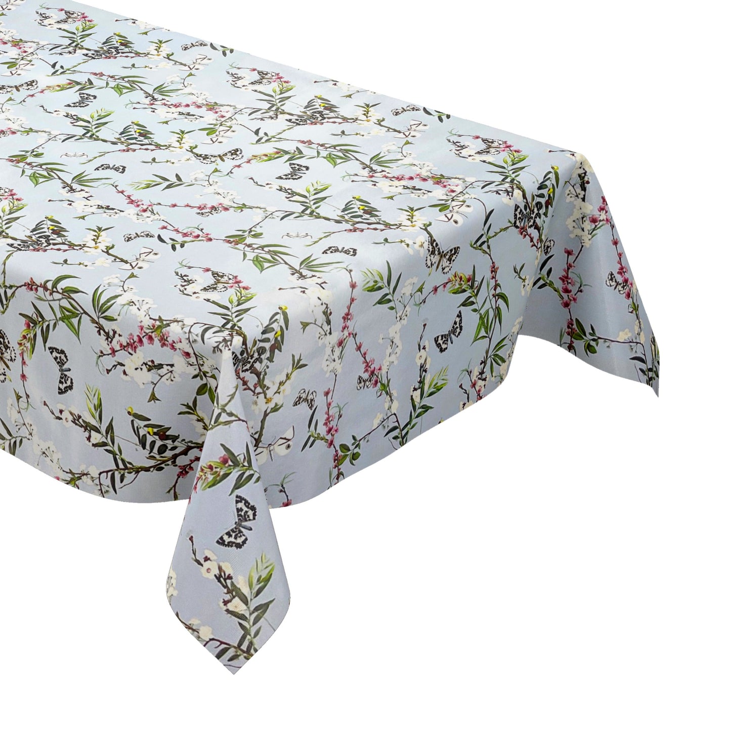 Nappe en toile cirée K150206 fleurs colorées et papillons sur fond bleu clair carré rond ovale