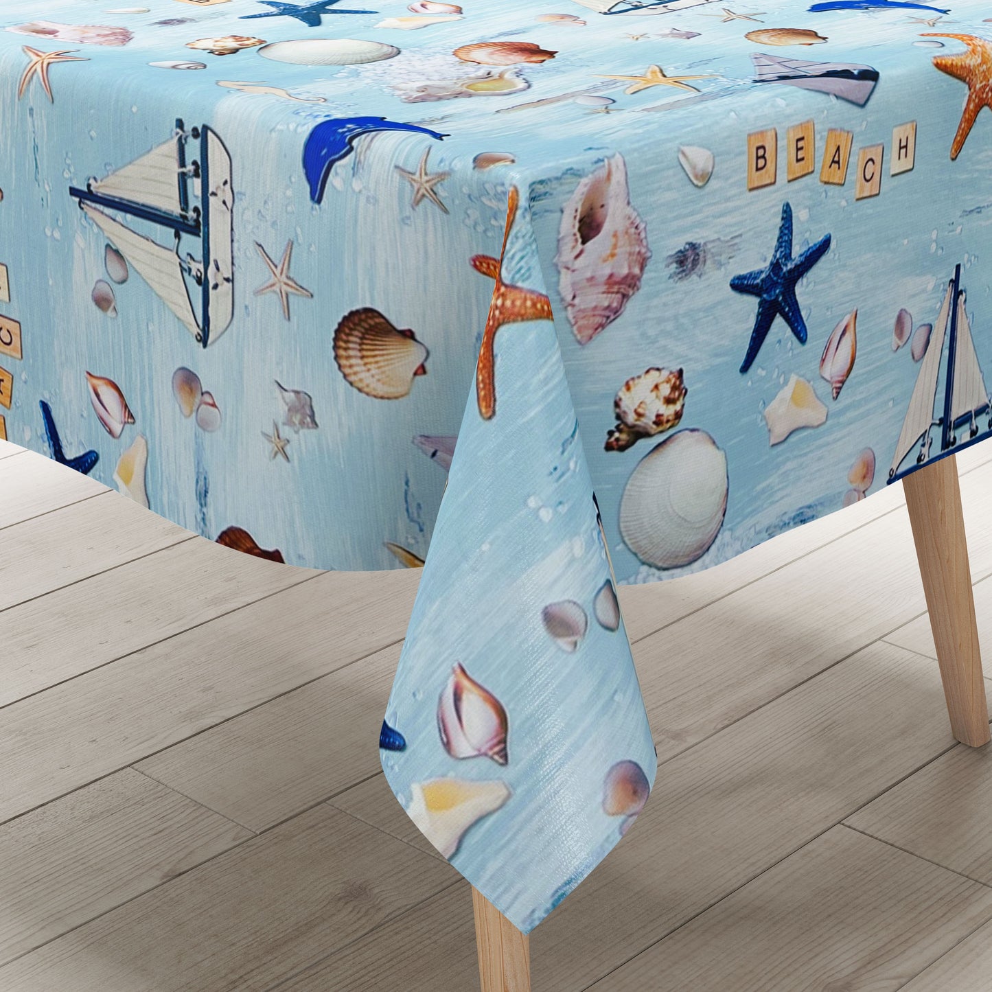 Nappe en toile cirée K150214 coquillage sable étoile de mer maritime carré rond ovale