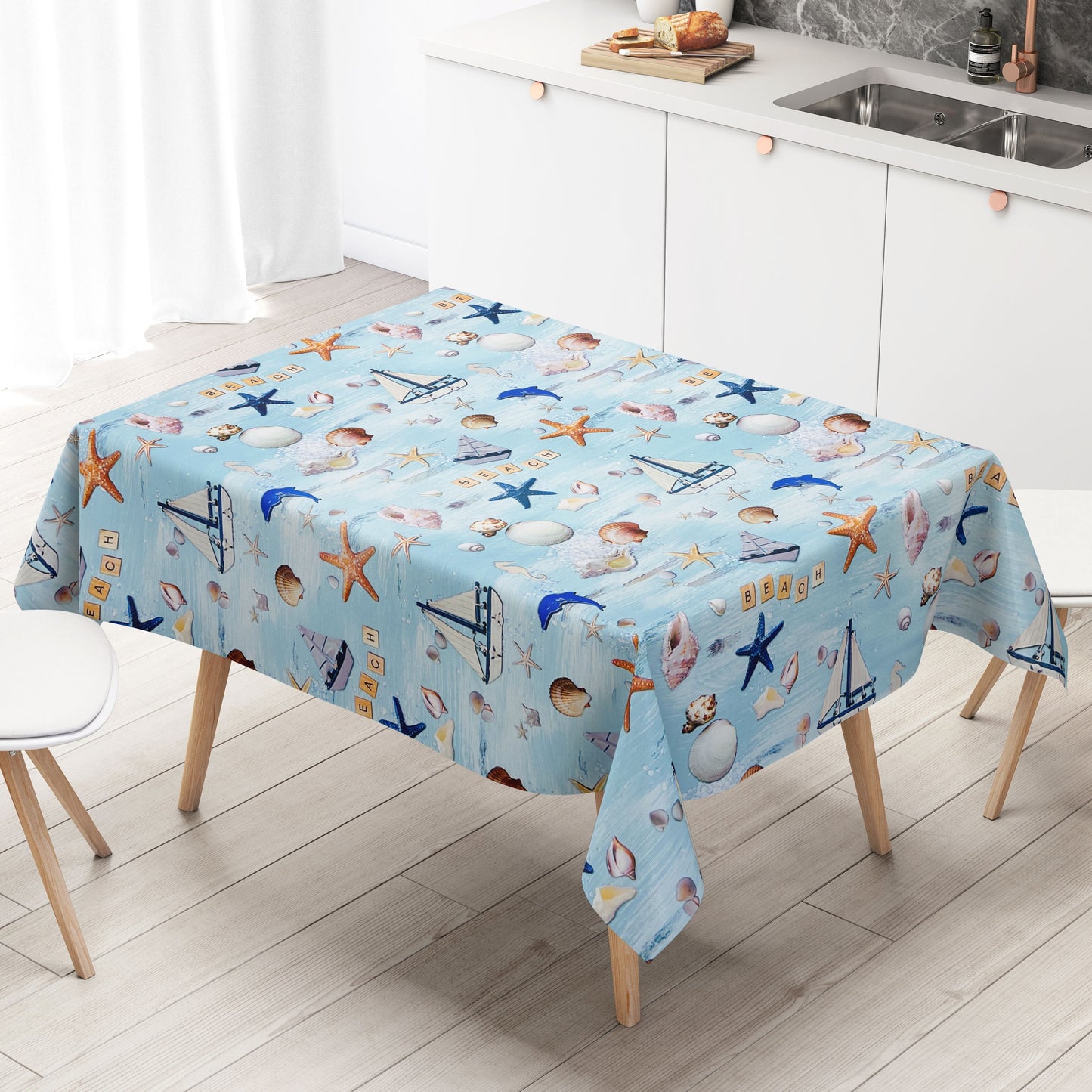 Nappe en toile cirée K150214 coquillage sable étoile de mer maritime carré rond ovale