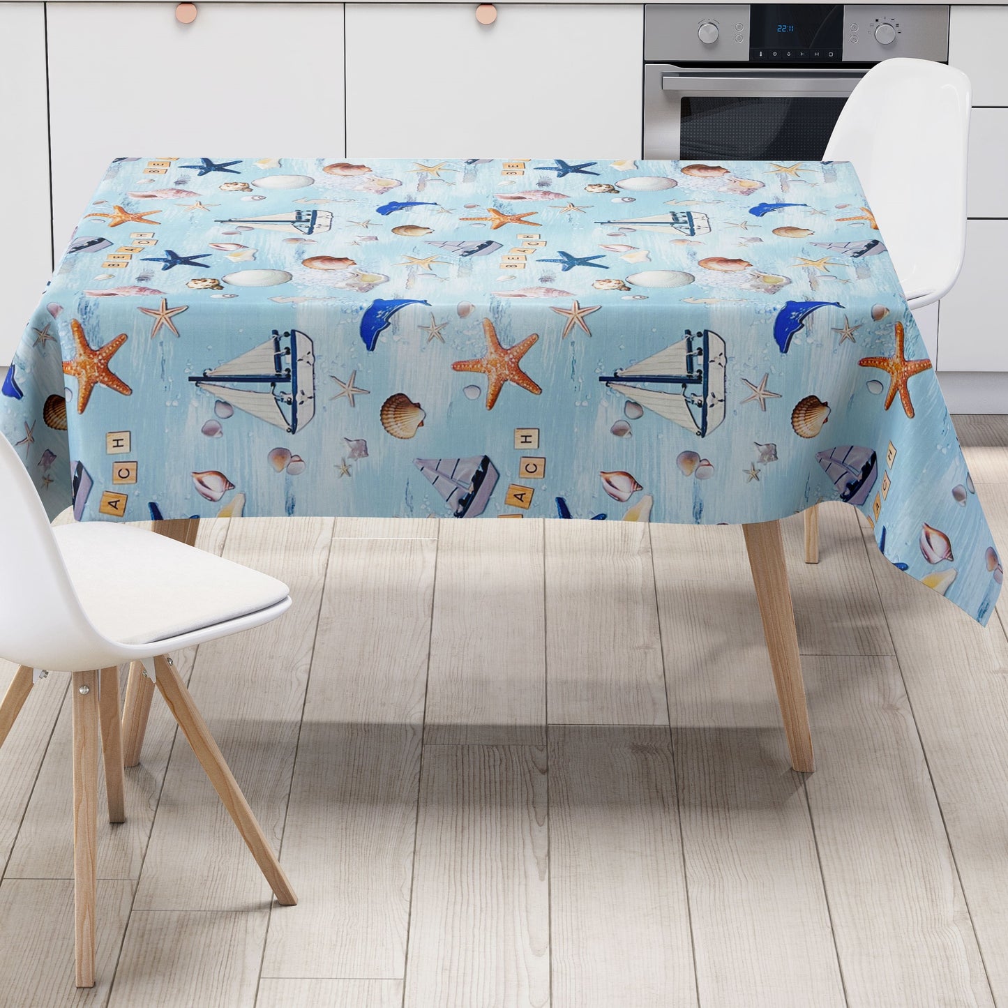 Nappe en toile cirée K150214 coquillage sable étoile de mer maritime carré rond ovale