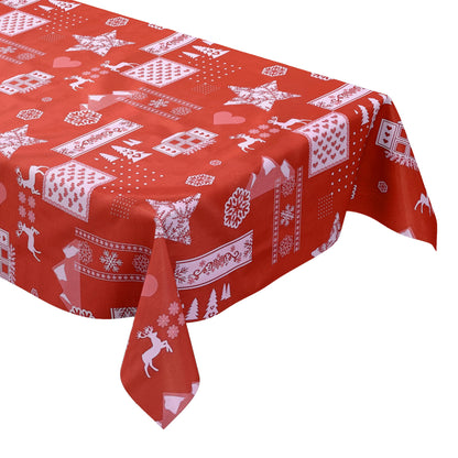 Nappe en toile cirée gaufrée Noël KE34210 renne flocons de neige rouge carré rond ovale