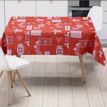 Nappe en toile cirée gaufrée Noël KE34210 renne flocons de neige rouge carré rond ovale