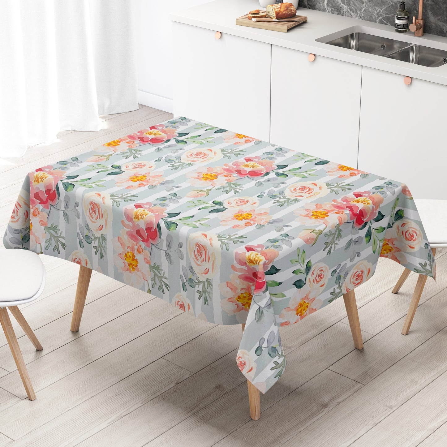 abwaschbare PVC Tischdecke Wachstuch Rosen gestreift Blüten