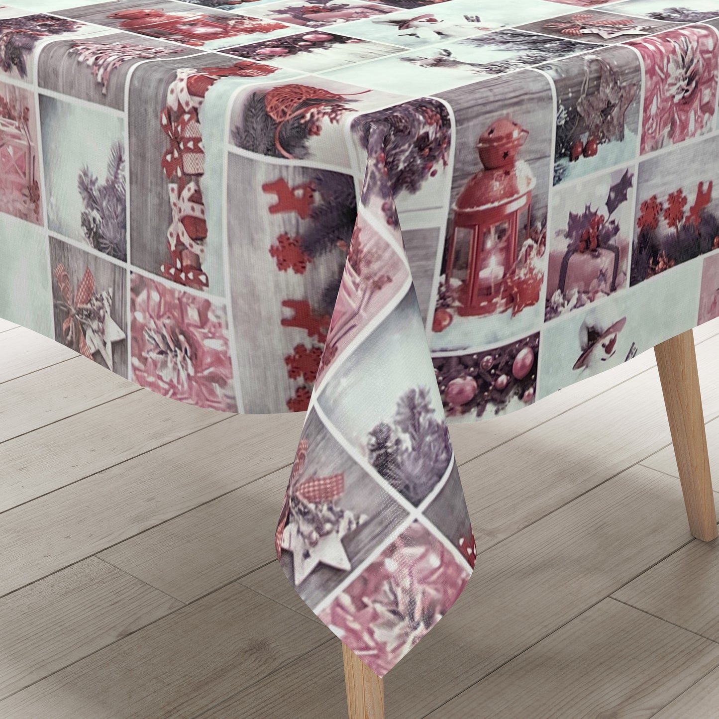 Nappe en toile cirée Noël P1032-3 lanterne bonhomme de neige rouge carrée ronde ovale