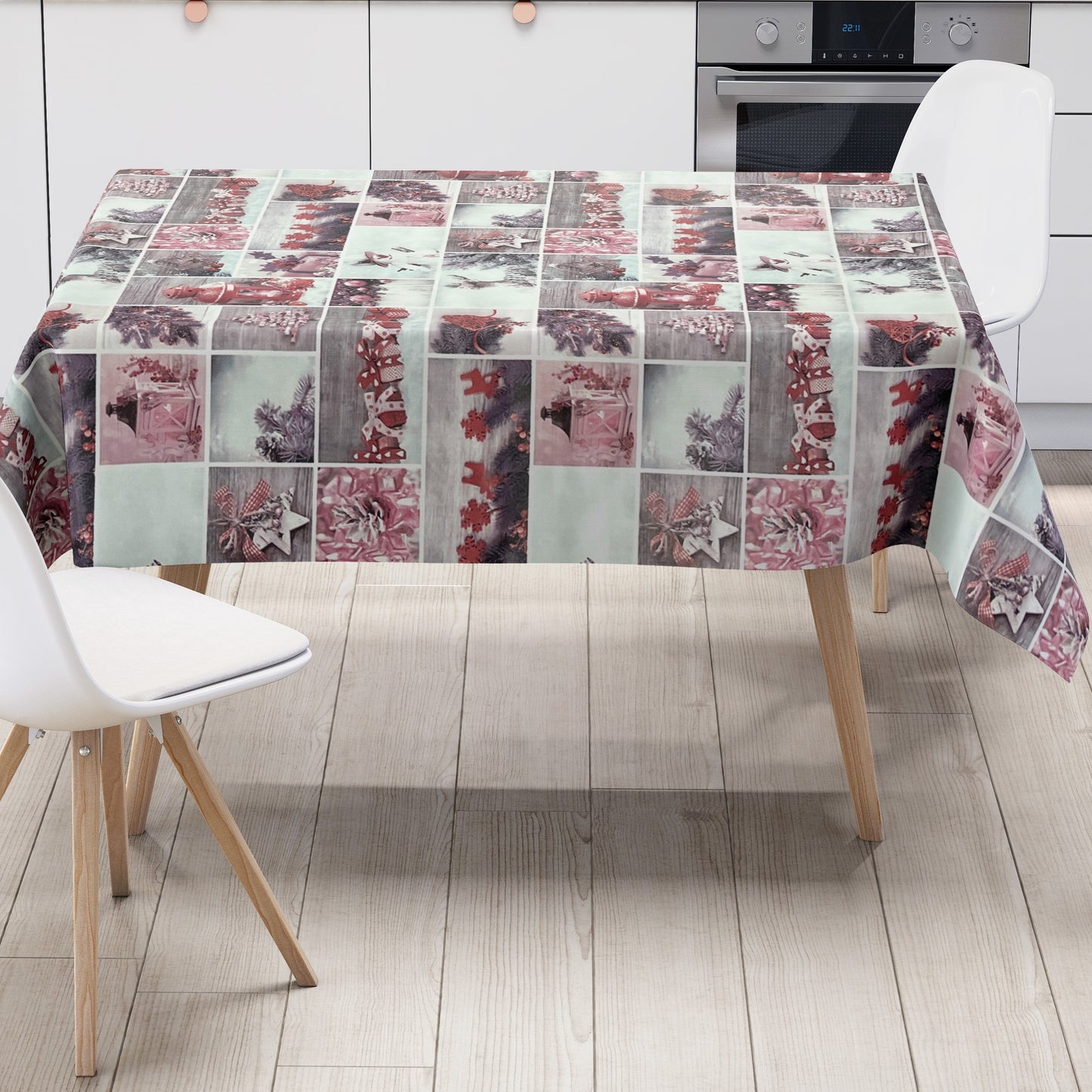 Nappe en toile cirée Noël P1032-3 lanterne bonhomme de neige rouge carrée ronde ovale