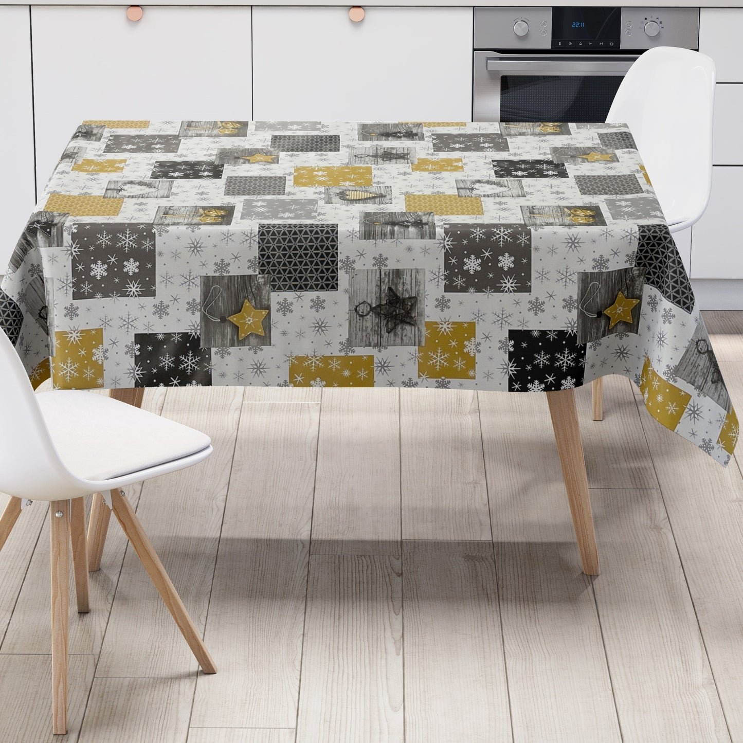 Nappe en toile cirée Noël P1033-2 gris or flocons de neige carré rond ovale