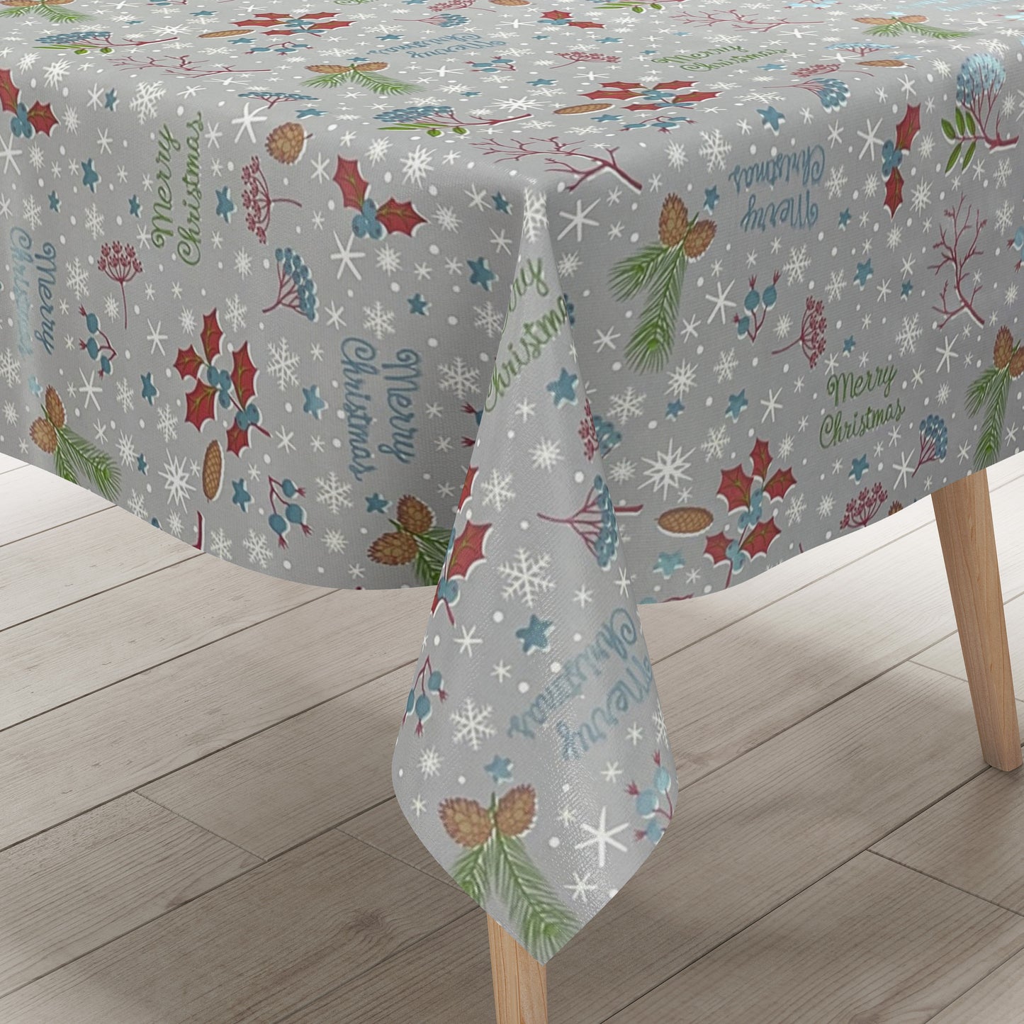 KEVKUS oilcloth tablecloth Christmas P1034-4 MERRY CHRISTMAS gray blue angular round oval