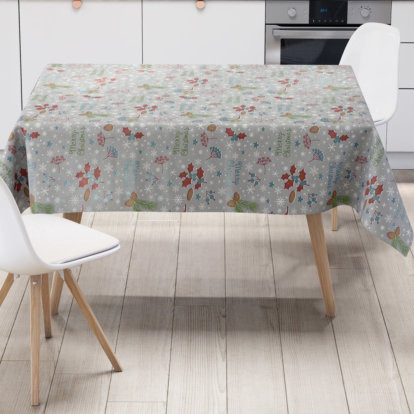 KEVKUS oilcloth tablecloth Christmas P1034-4 MERRY CHRISTMAS gray blue angular round oval